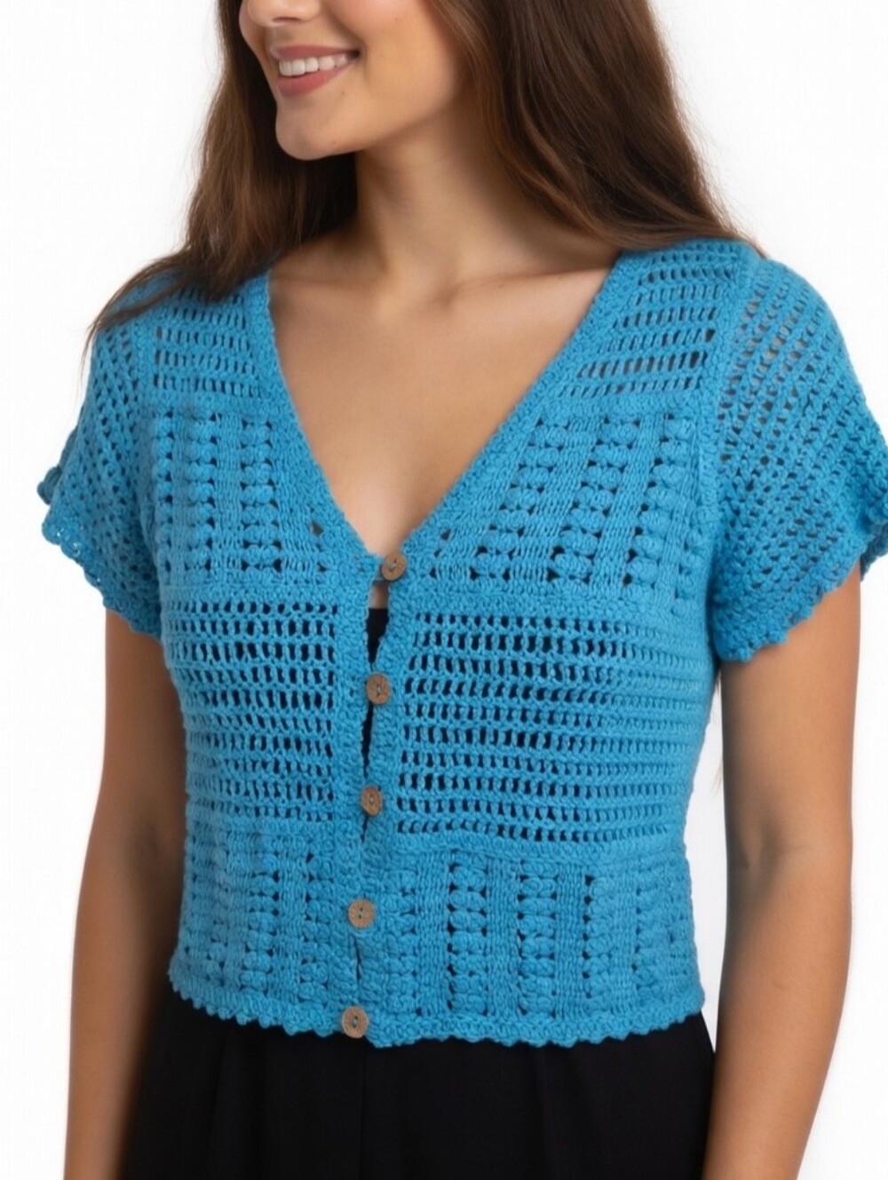Vintage Y2K Blue Crocheted Button-Front Women's Short Sleeve Top Size M